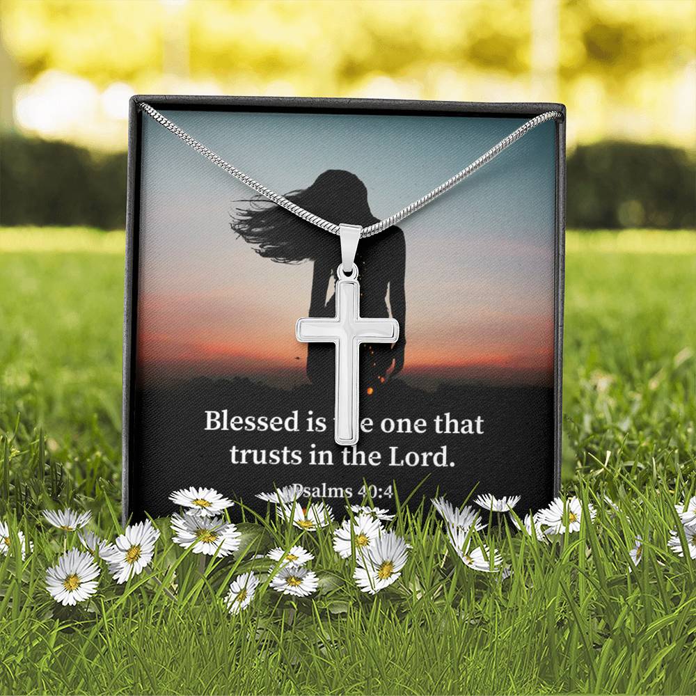 Scripture Card His Trust Psalm 40:4 Cross Card Necklace w Stainless Steel Pendant Religious Gift-Express Your Love Gifts