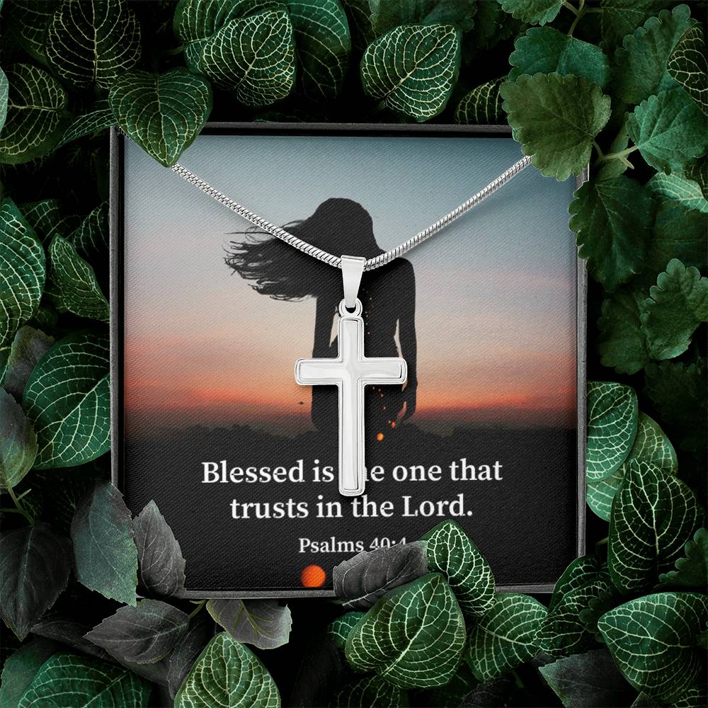 Scripture Card His Trust Psalm 40:4 Cross Card Necklace w Stainless Steel Pendant Religious Gift-Express Your Love Gifts