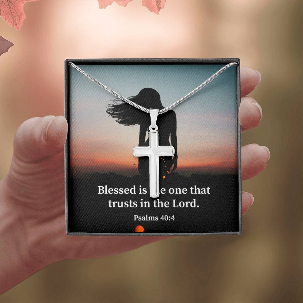 Scripture Card His Trust Psalm 40:4 Cross Card Necklace w Stainless Steel Pendant Religious Gift-Express Your Love Gifts