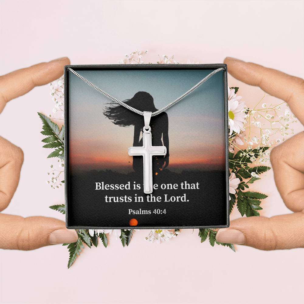 Scripture Card His Trust Psalm 40:4 Cross Card Necklace w Stainless Steel Pendant Religious Gift-Express Your Love Gifts