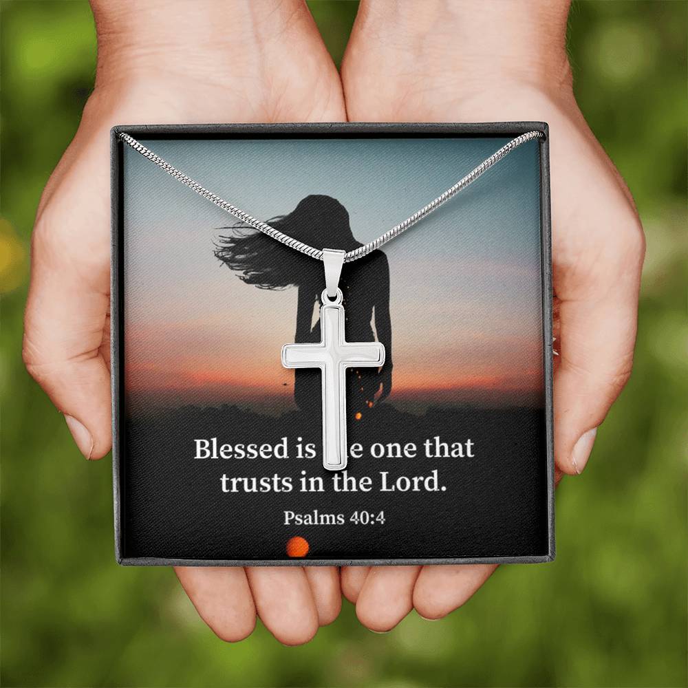 Scripture Card His Trust Psalm 40:4 Cross Card Necklace w Stainless Steel Pendant Religious Gift-Express Your Love Gifts