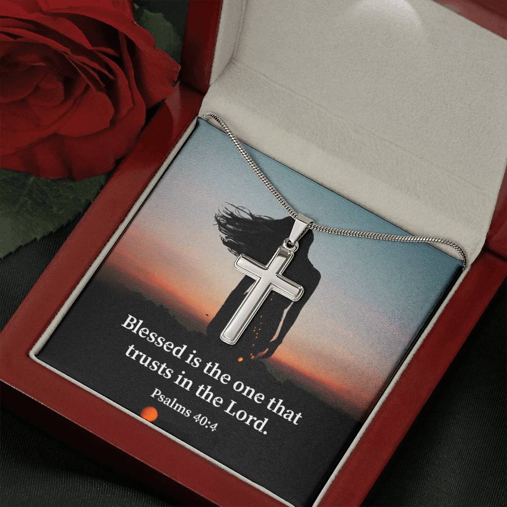 Scripture Card His Trust Psalm 40:4 Cross Card Necklace w Stainless Steel Pendant Religious Gift-Express Your Love Gifts