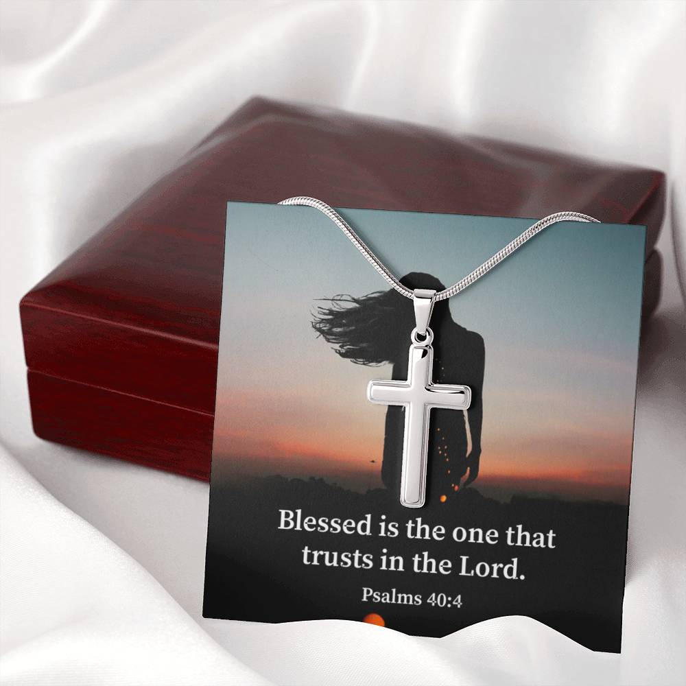 Scripture Card His Trust Psalm 40:4 Cross Card Necklace w Stainless Steel Pendant Religious Gift-Express Your Love Gifts