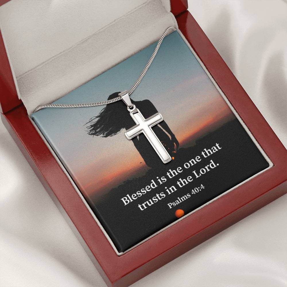 Scripture Card His Trust Psalm 40:4 Cross Card Necklace w Stainless Steel Pendant Religious Gift-Express Your Love Gifts