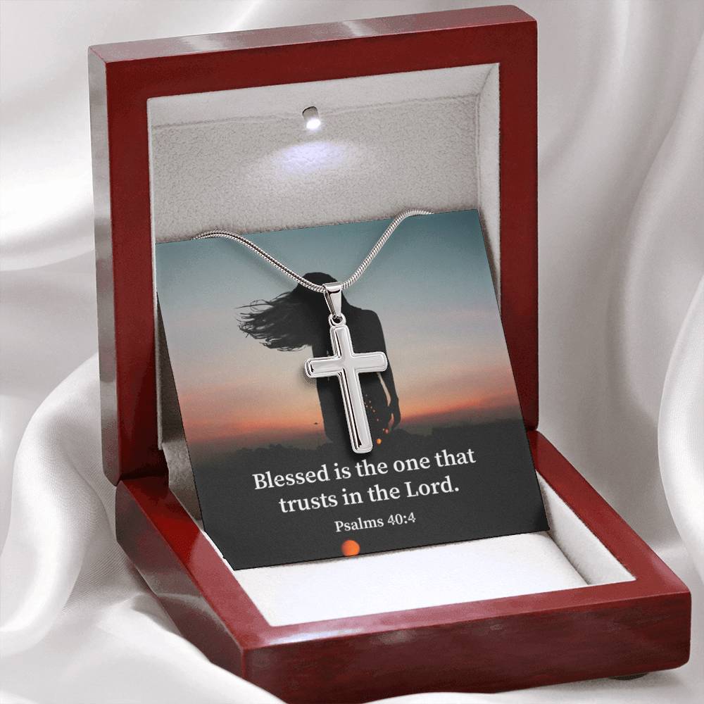 Scripture Card His Trust Psalm 40:4 Cross Card Necklace w Stainless Steel Pendant Religious Gift-Express Your Love Gifts