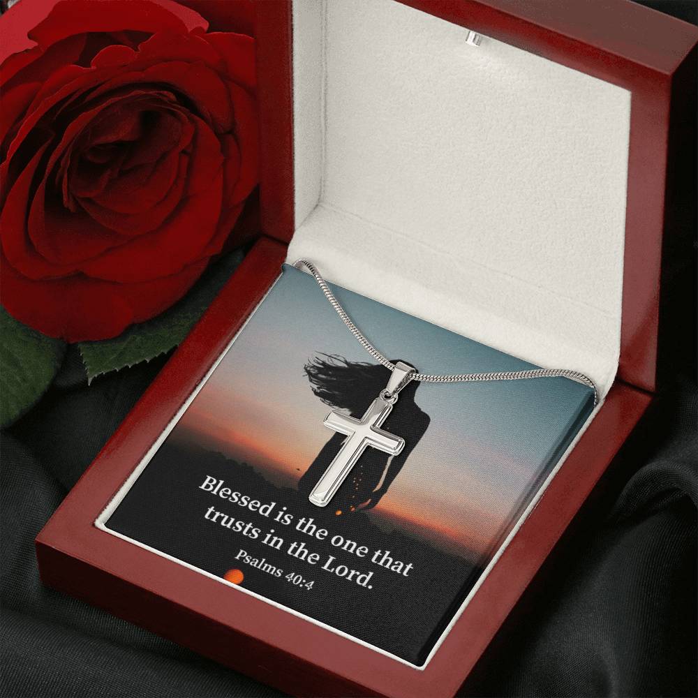 Scripture Card His Trust Psalm 40:4 Cross Card Necklace w Stainless Steel Pendant Religious Gift-Express Your Love Gifts