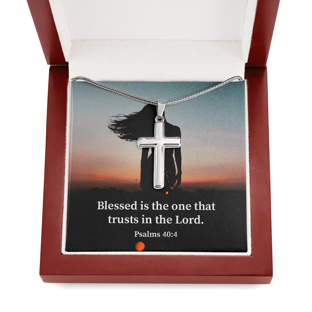 Scripture Card His Trust Psalm 40:4 Cross Card Necklace w Stainless Steel Pendant Religious Gift-Express Your Love Gifts