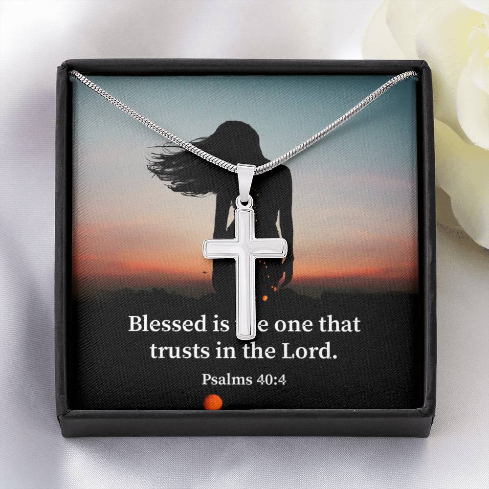 Scripture Card His Trust Psalm 40:4 Cross Card Necklace w Stainless Steel Pendant Religious Gift-Express Your Love Gifts