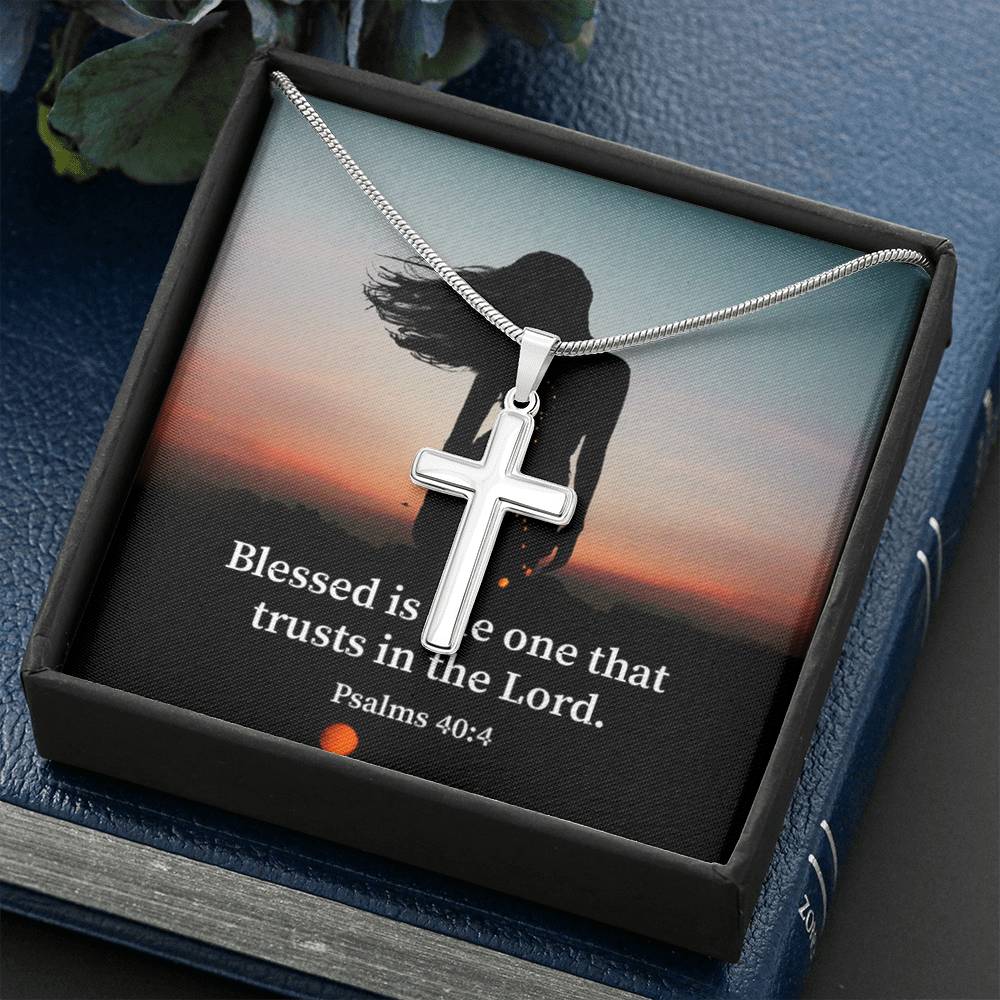 Scripture Card His Trust Psalm 40:4 Cross Card Necklace w Stainless Steel Pendant Religious Gift-Express Your Love Gifts