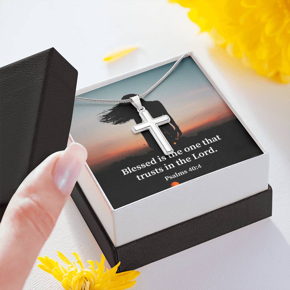 Scripture Card His Trust Psalm 40:4 Cross Card Necklace w Stainless Steel Pendant Religious Gift-Express Your Love Gifts