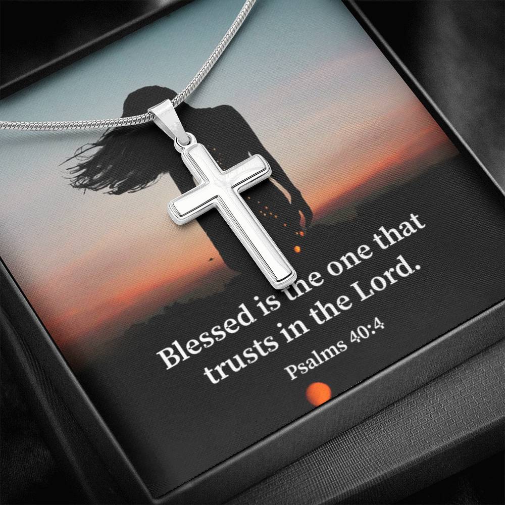 Scripture Card His Trust Psalm 40:4 Cross Card Necklace w Stainless Steel Pendant Religious Gift-Express Your Love Gifts