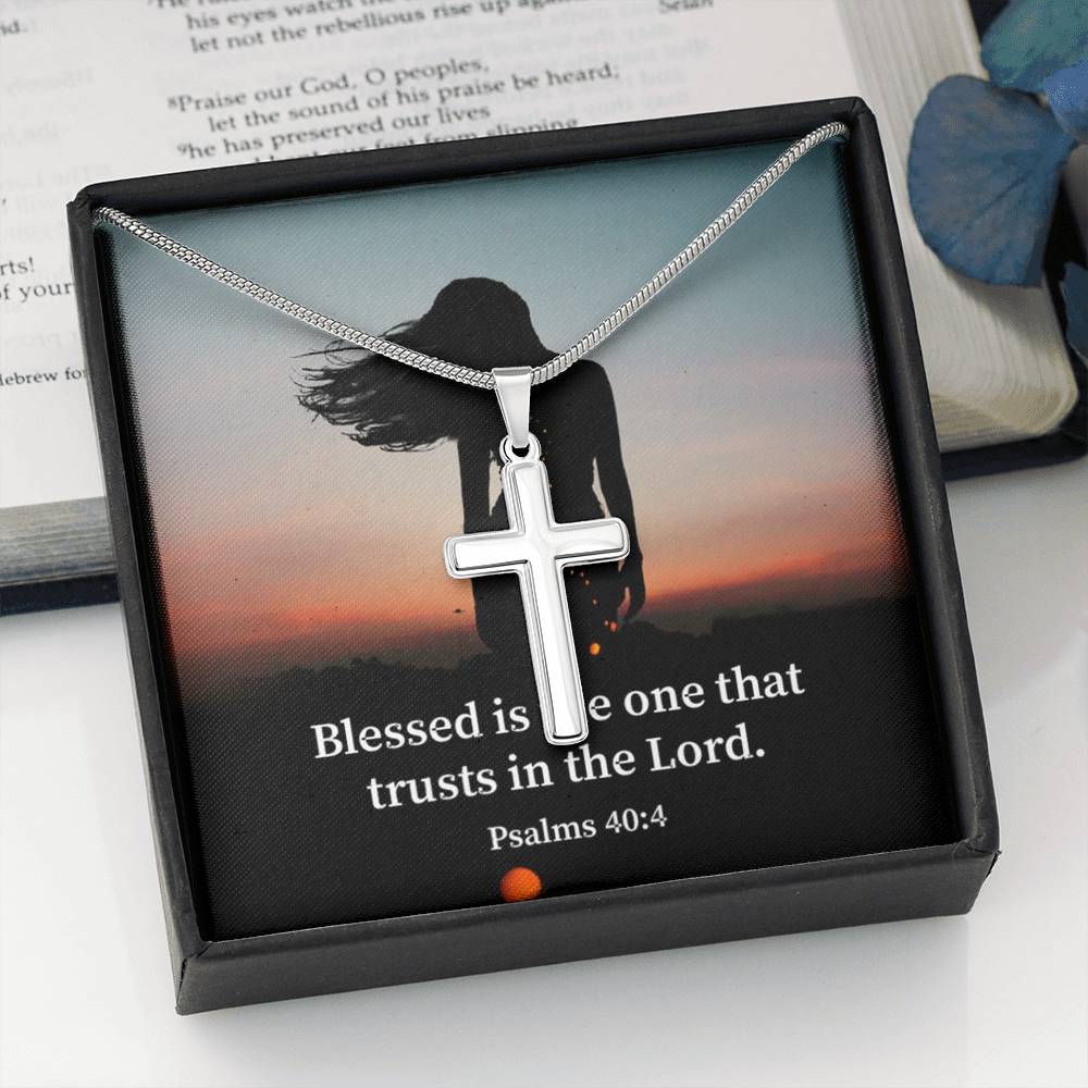 Scripture Card His Trust Psalm 40:4 Cross Card Necklace w Stainless Steel Pendant Religious Gift-Express Your Love Gifts