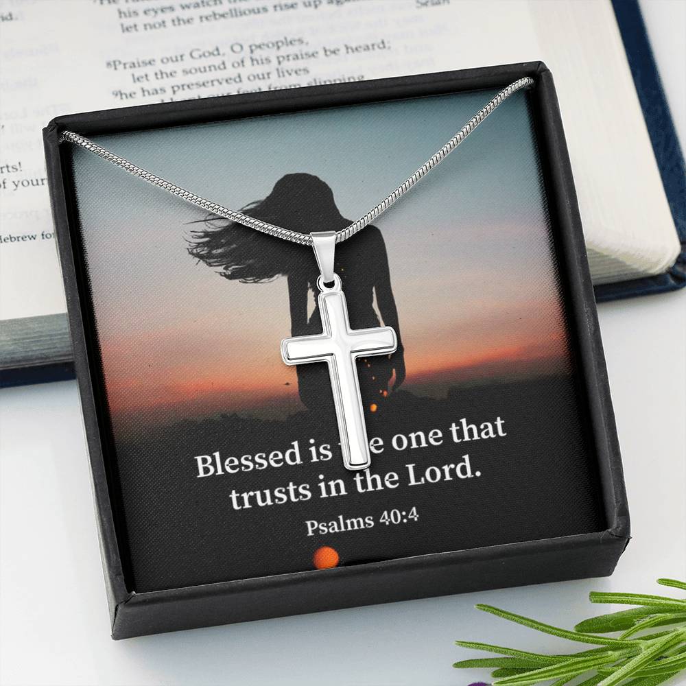 Scripture Card His Trust Psalm 40:4 Cross Card Necklace w Stainless Steel Pendant Religious Gift-Express Your Love Gifts