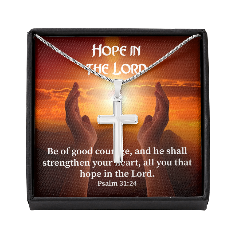 Scripture Card Hope In The Lord Psalm 31:24 Cross Card Necklace w Stainless Steel Pendant Religious Gift-Express Your Love Gifts