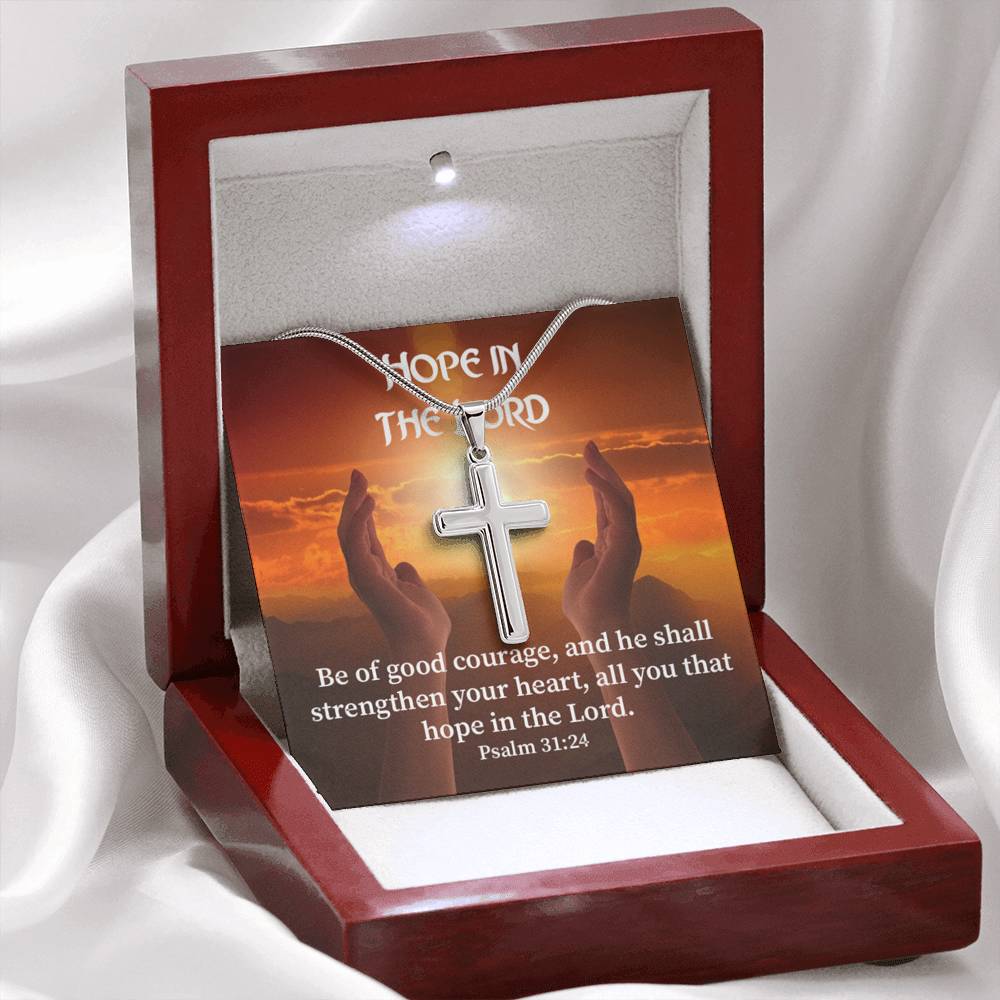 Scripture Card Hope In The Lord Psalm 31:24 Cross Card Necklace w Stainless Steel Pendant Religious Gift-Express Your Love Gifts