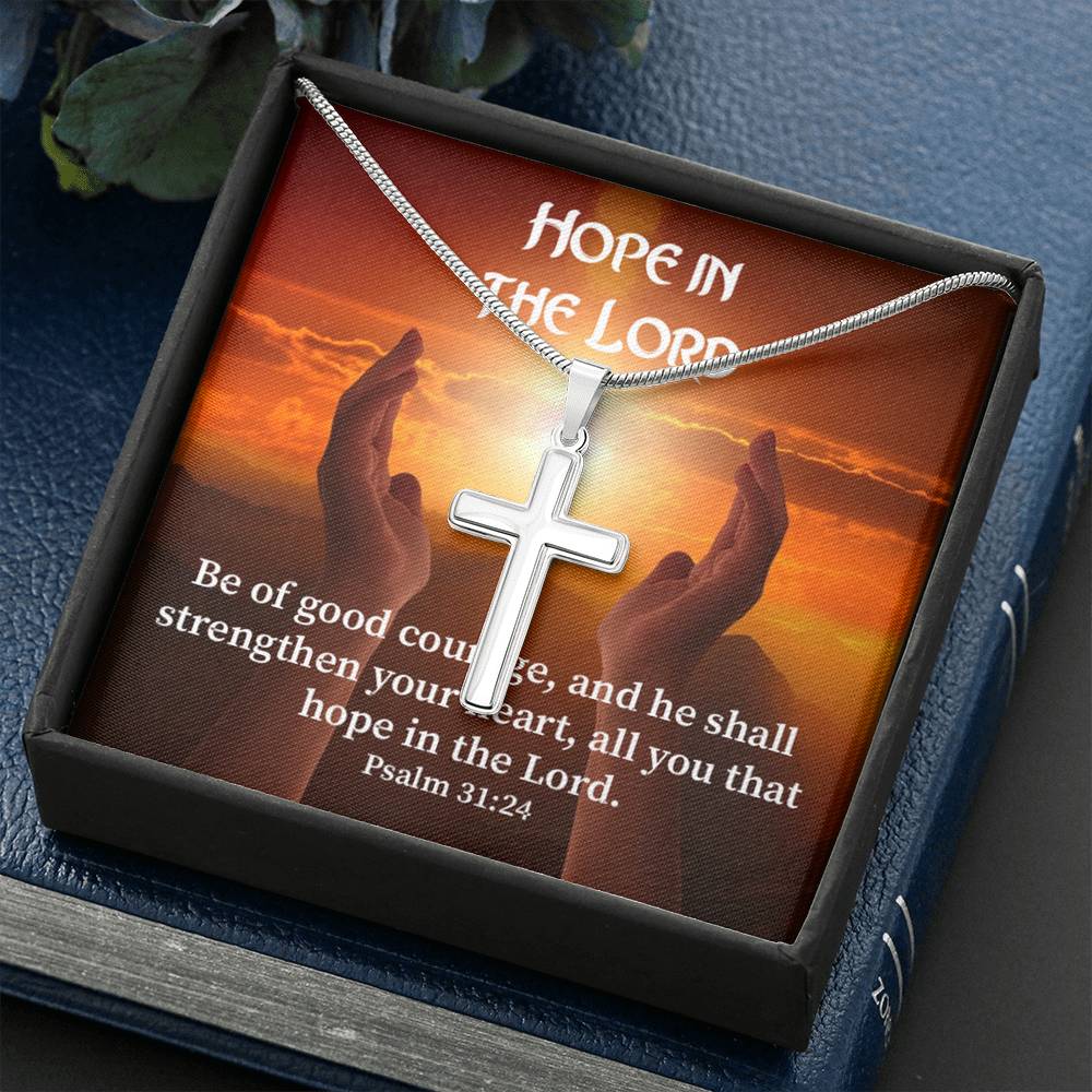 Scripture Card Hope In The Lord Psalm 31:24 Cross Card Necklace w Stainless Steel Pendant Religious Gift-Express Your Love Gifts