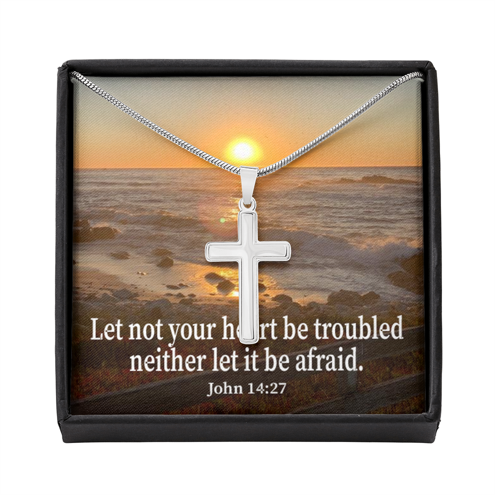 Scripture Card Let Not Your Heart Be Troubled John 14:27 Cross Card Necklace w Stainless Steel Pendant Religious Gift-Express Your Love Gifts