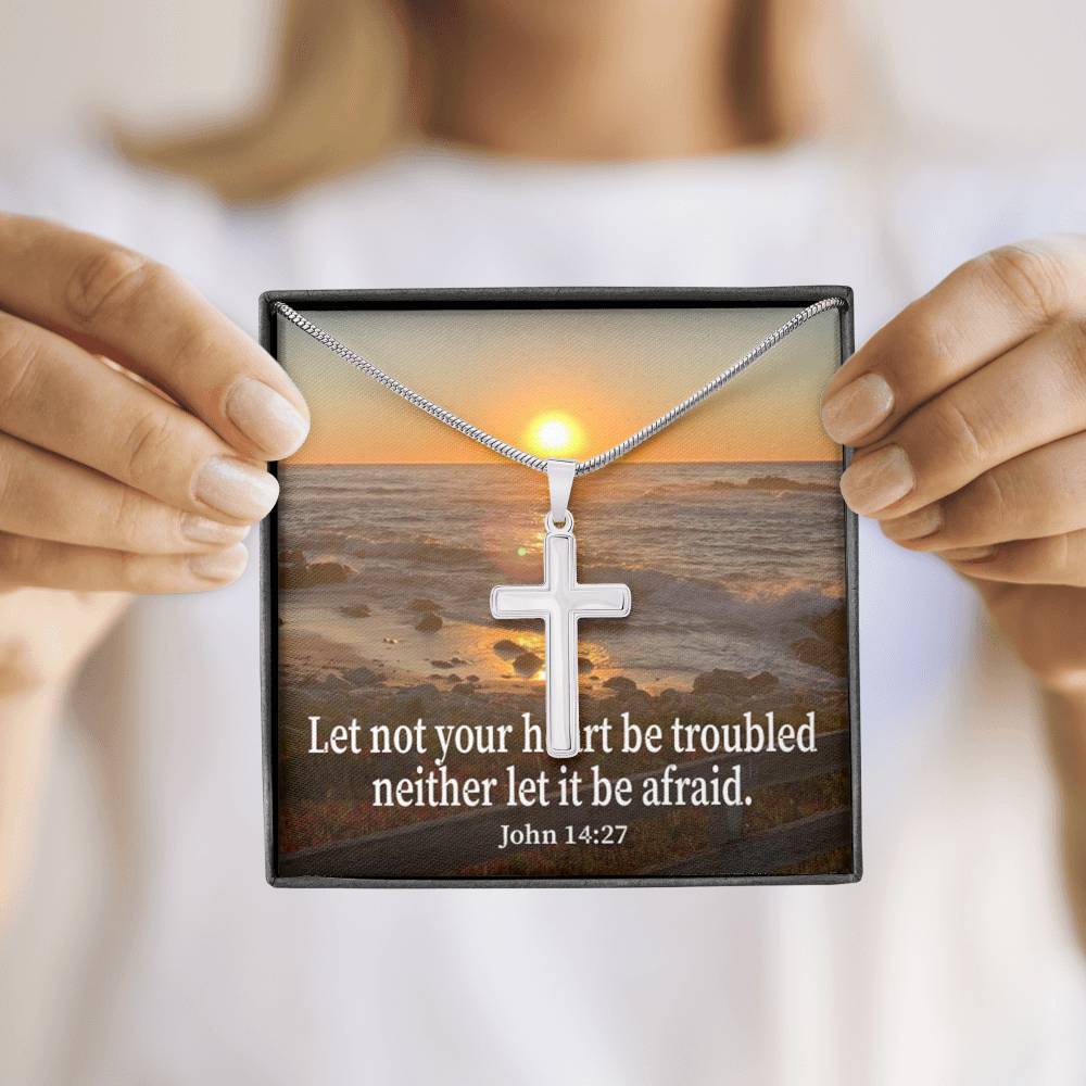 Scripture Card Let Not Your Heart Be Troubled John 14:27 Cross Card Necklace w Stainless Steel Pendant Religious Gift-Express Your Love Gifts