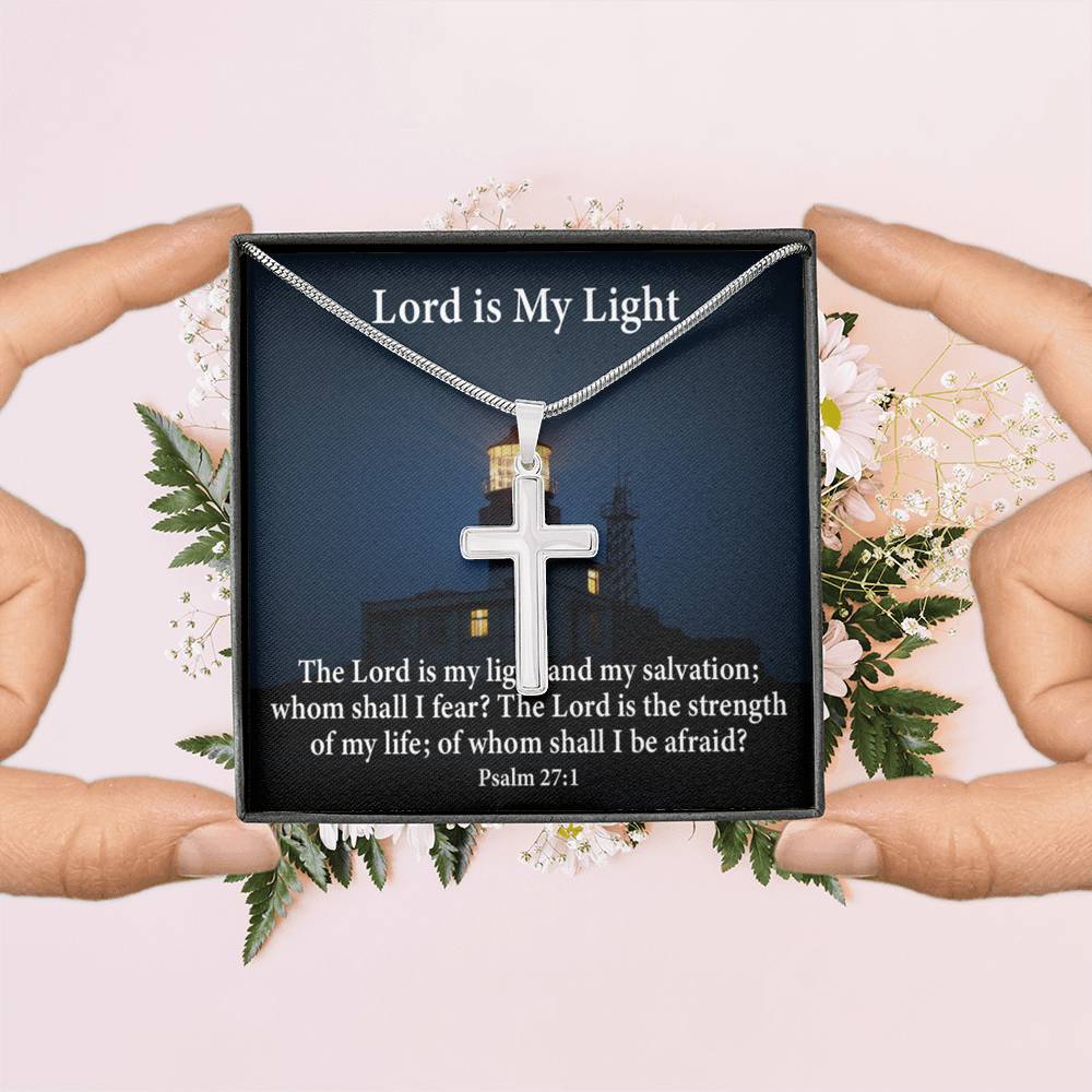 Scripture Card Lord Is My Light Psalm 27:1 Cross Card Necklace w Stainless Steel Pendant Religious Gift-Express Your Love Gifts