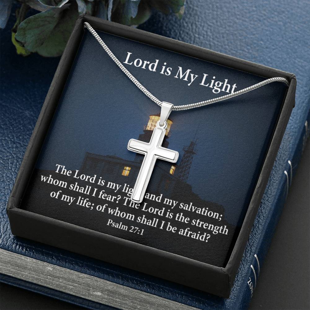 Scripture Card Lord Is My Light Psalm 27:1 Cross Card Necklace w Stainless Steel Pendant Religious Gift-Express Your Love Gifts