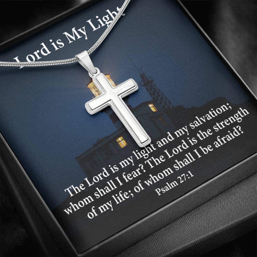 Scripture Card Lord Is My Light Psalm 27:1 Cross Card Necklace w Stainless Steel Pendant Religious Gift-Express Your Love Gifts