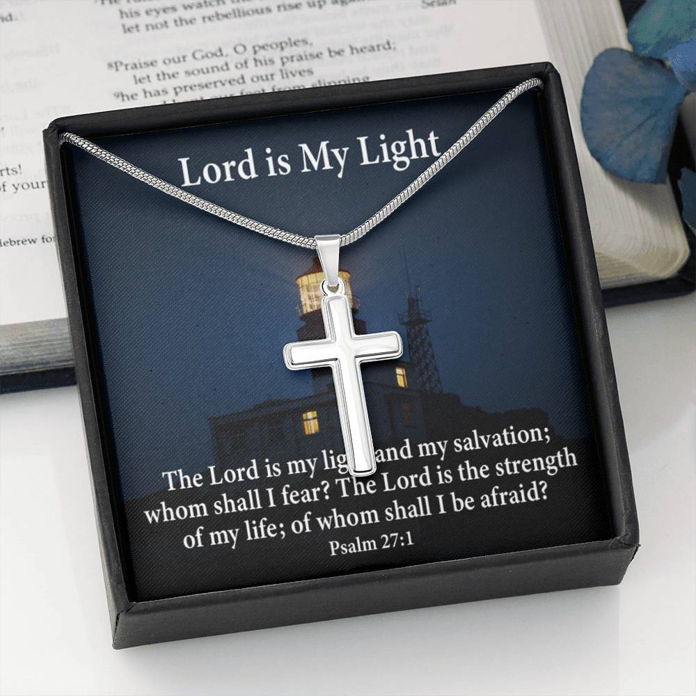 Scripture Card Lord Is My Light Psalm 27:1 Cross Card Necklace w Stainless Steel Pendant Religious Gift-Express Your Love Gifts