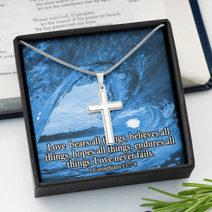 Scripture Card Love Bears All Faith 1 Corinthians 13:7-8 Cross Card Necklace w Stainless Steel Pendant Religious Gift-Express Your Love Gifts