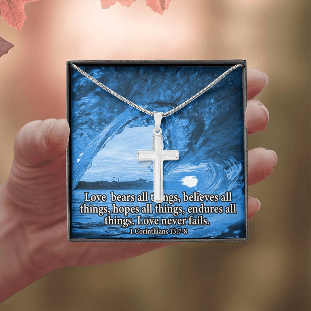 Scripture Card Love Bears All Faith 1 Corinthians 13:7-8 Cross Card Necklace w Stainless Steel Pendant Religious Gift-Express Your Love Gifts