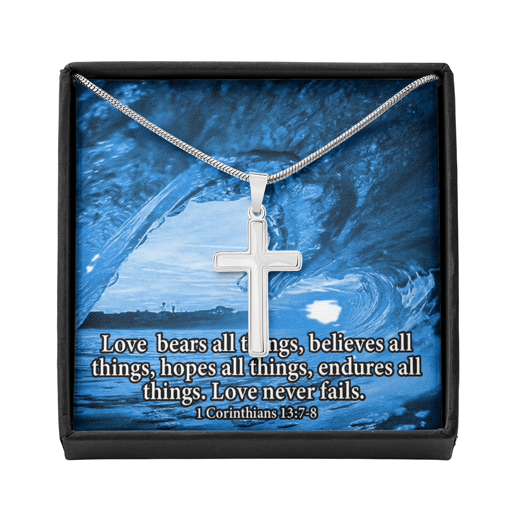 Scripture Card Love Bears All Faith 1 Corinthians 13:7-8 Cross Card Necklace w Stainless Steel Pendant Religious Gift-Express Your Love Gifts