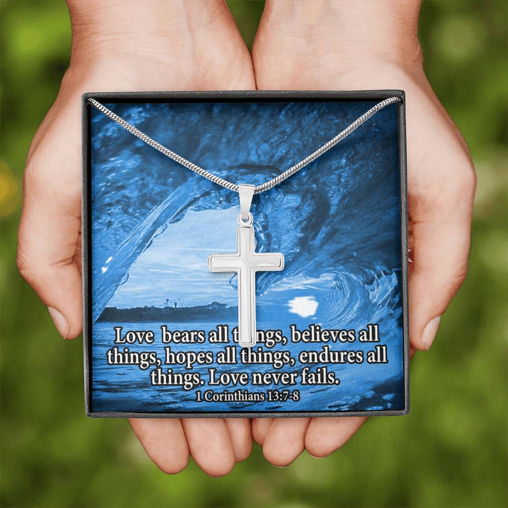 Scripture Card Love Bears All Faith 1 Corinthians 13:7-8 Cross Card Necklace w Stainless Steel Pendant Religious Gift-Express Your Love Gifts