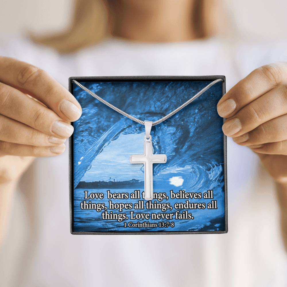 Scripture Card Love Bears All Faith 1 Corinthians 13:7-8 Cross Card Necklace w Stainless Steel Pendant Religious Gift-Express Your Love Gifts