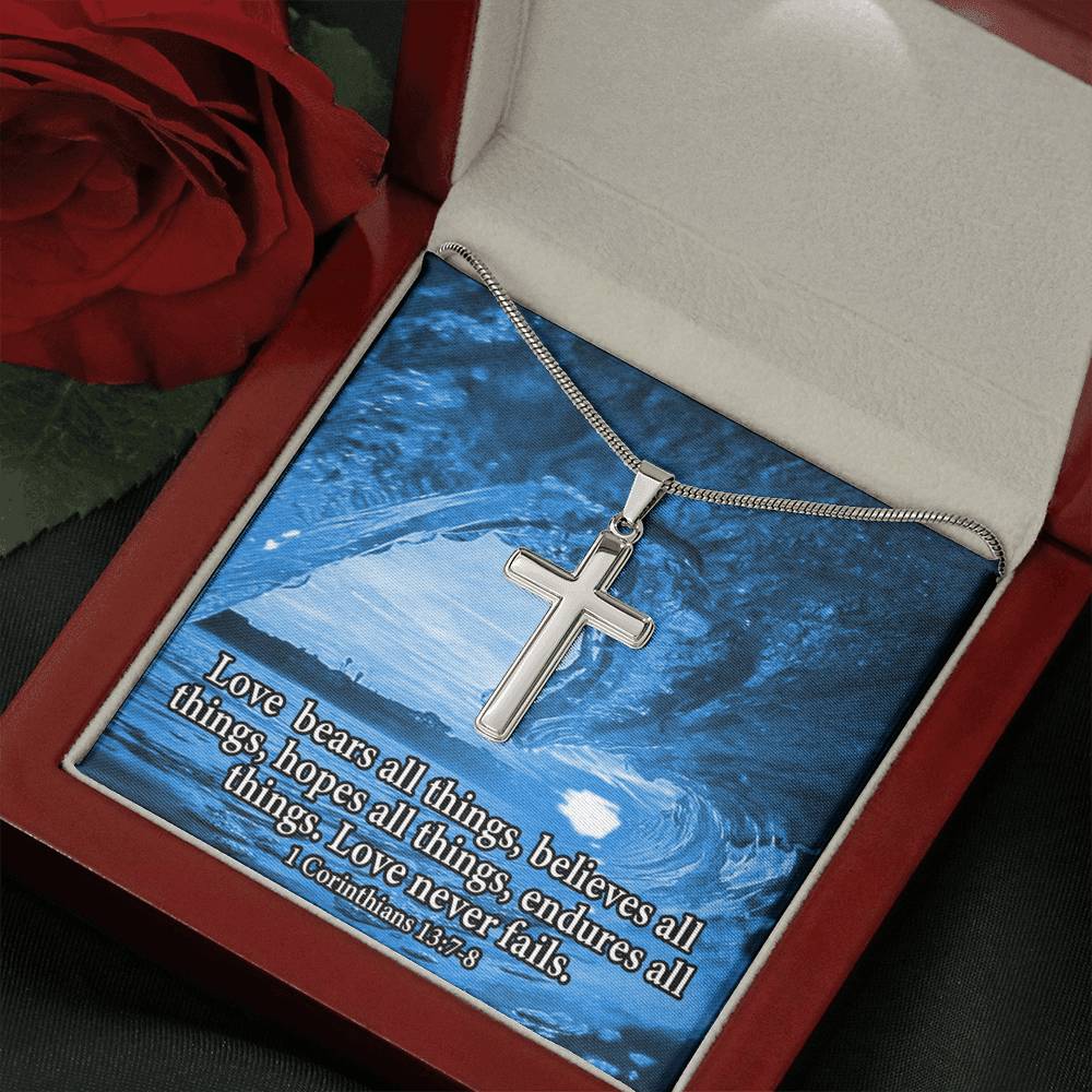 Scripture Card Love Bears All Faith 1 Corinthians 13:7-8 Cross Card Necklace w Stainless Steel Pendant Religious Gift-Express Your Love Gifts