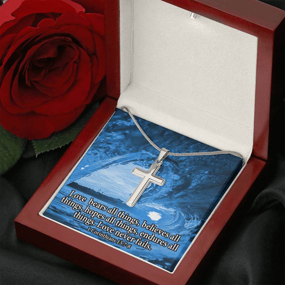 Scripture Card Love Bears All Faith 1 Corinthians 13:7-8 Cross Card Necklace w Stainless Steel Pendant Religious Gift-Express Your Love Gifts