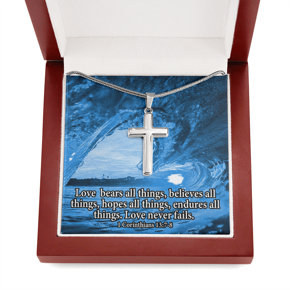 Scripture Card Love Bears All Faith 1 Corinthians 13:7-8 Cross Card Necklace w Stainless Steel Pendant Religious Gift-Express Your Love Gifts