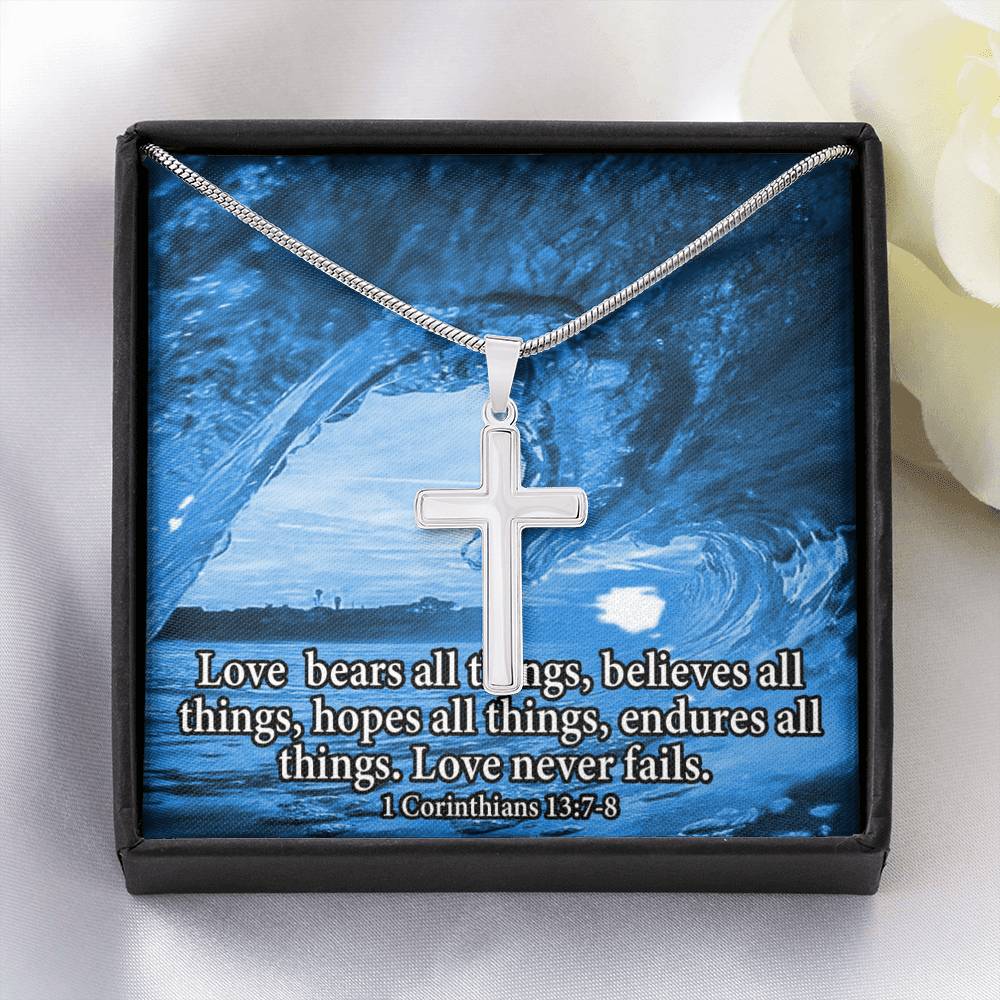 Scripture Card Love Bears All Faith 1 Corinthians 13:7-8 Cross Card Necklace w Stainless Steel Pendant Religious Gift-Express Your Love Gifts