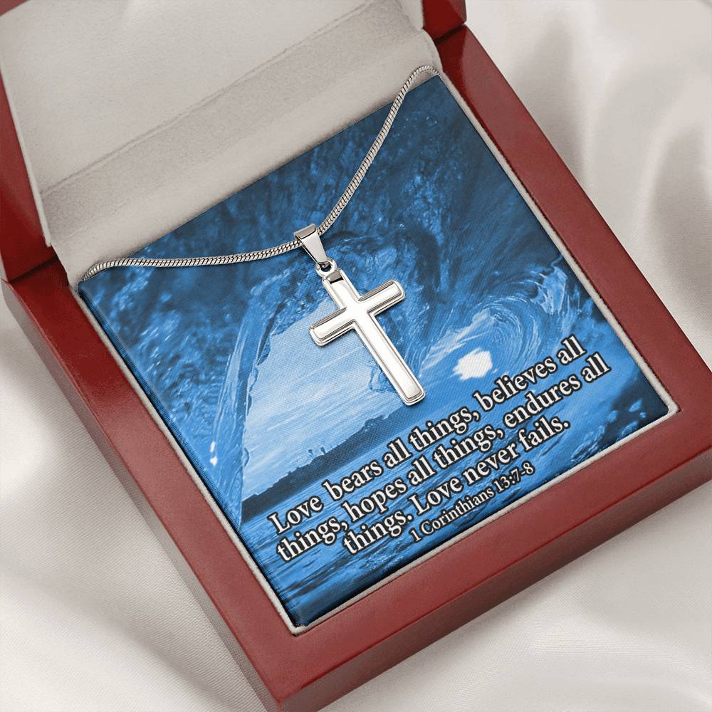 Scripture Card Love Bears All Faith 1 Corinthians 13:7-8 Cross Card Necklace w Stainless Steel Pendant Religious Gift-Express Your Love Gifts