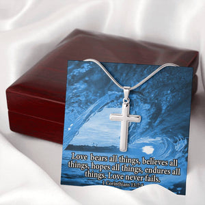 Scripture Card Love Bears All Faith 1 Corinthians 13:7-8 Cross Card Necklace w Stainless Steel Pendant Religious Gift-Express Your Love Gifts