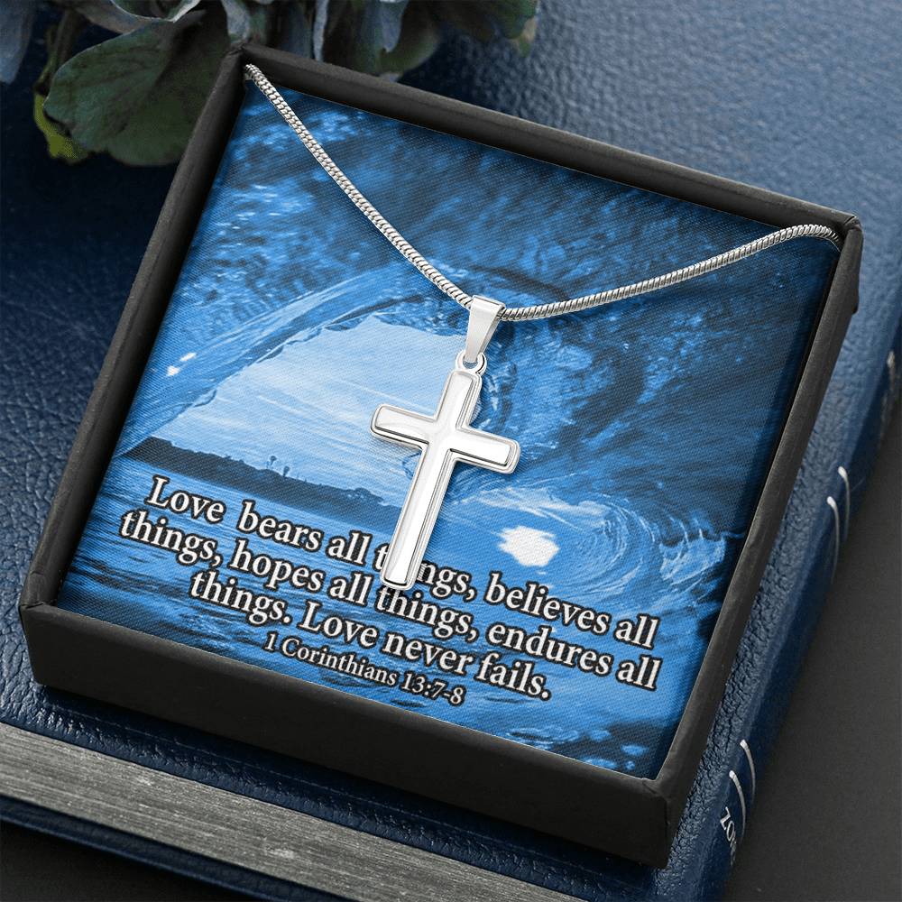 Scripture Card Love Bears All Faith 1 Corinthians 13:7-8 Cross Card Necklace w Stainless Steel Pendant Religious Gift-Express Your Love Gifts