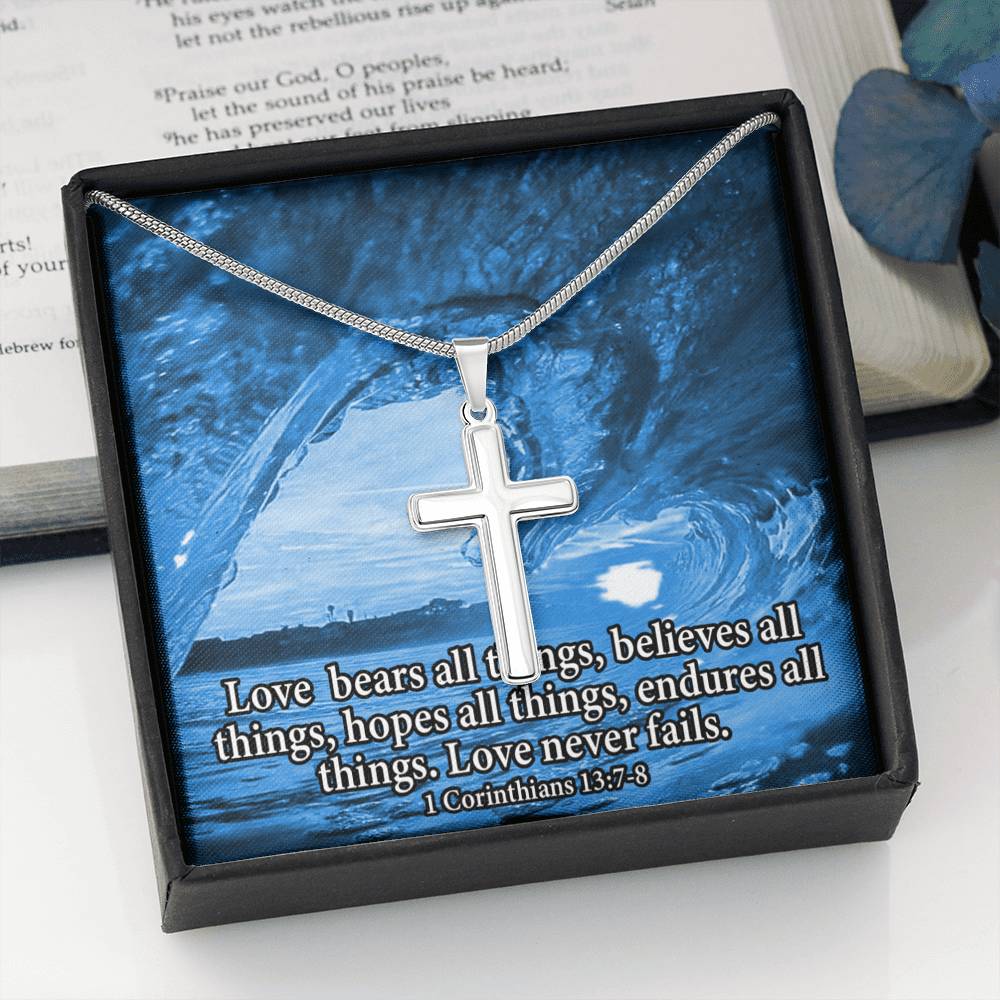 Scripture Card Love Bears All Faith 1 Corinthians 13:7-8 Cross Card Necklace w Stainless Steel Pendant Religious Gift-Express Your Love Gifts