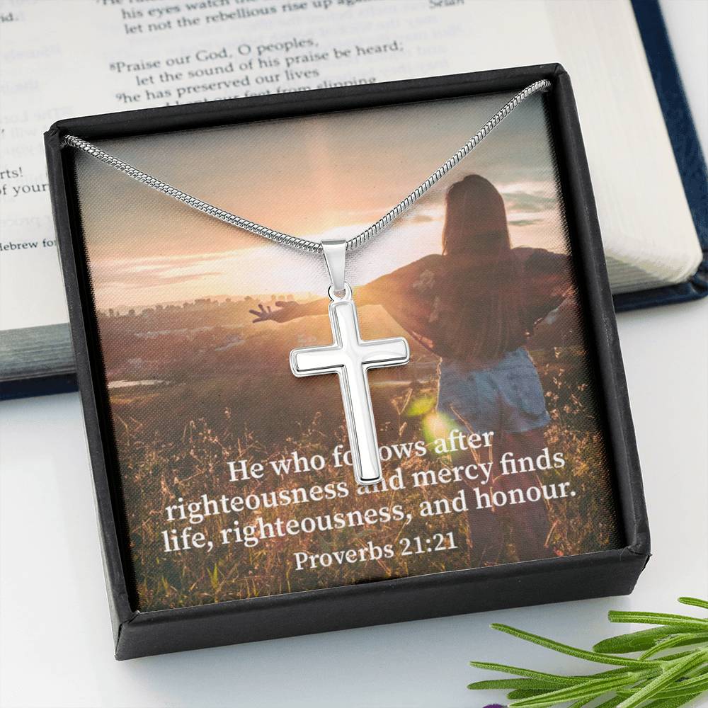 Scripture Card Righteousness And Honour Proverbs 21:21 Cross Card Necklace w Stainless Steel Pendant Religious Gift-Express Your Love Gifts