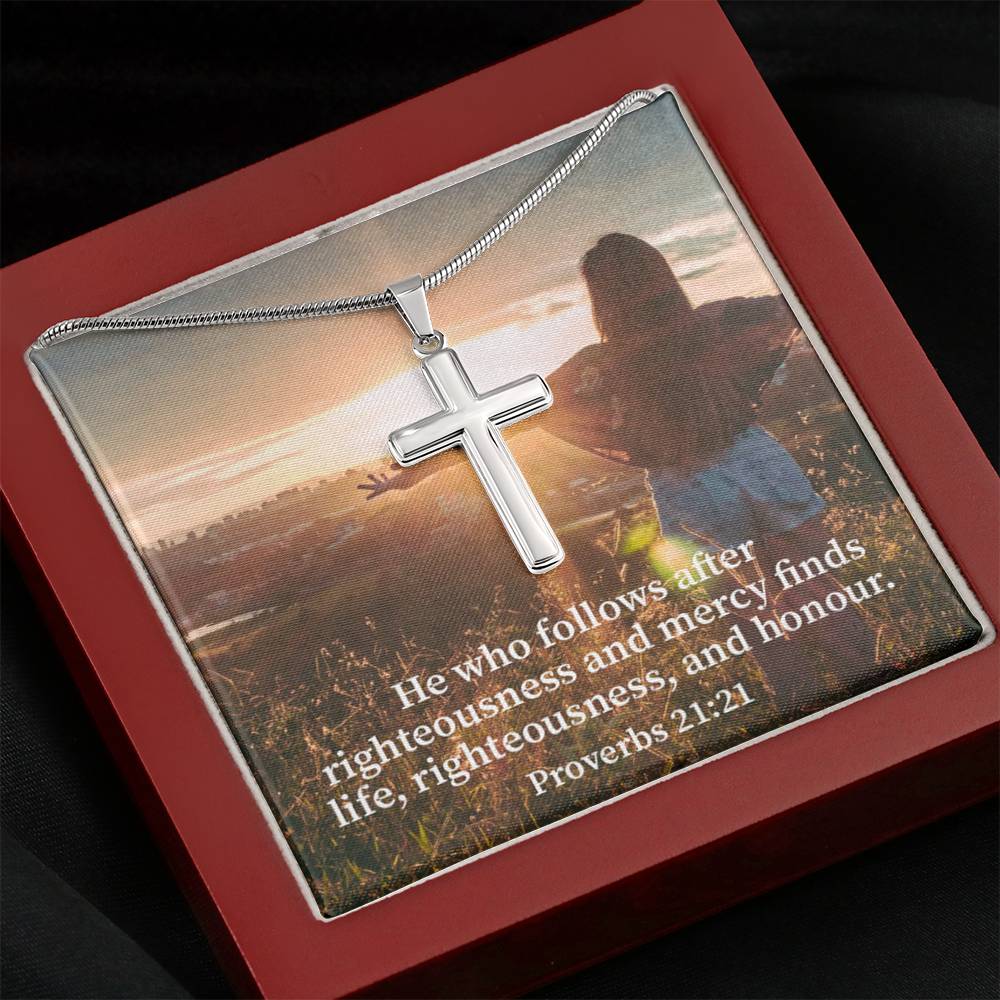 Scripture Card Righteousness And Honour Proverbs 21:21 Cross Card Necklace w Stainless Steel Pendant Religious Gift-Express Your Love Gifts