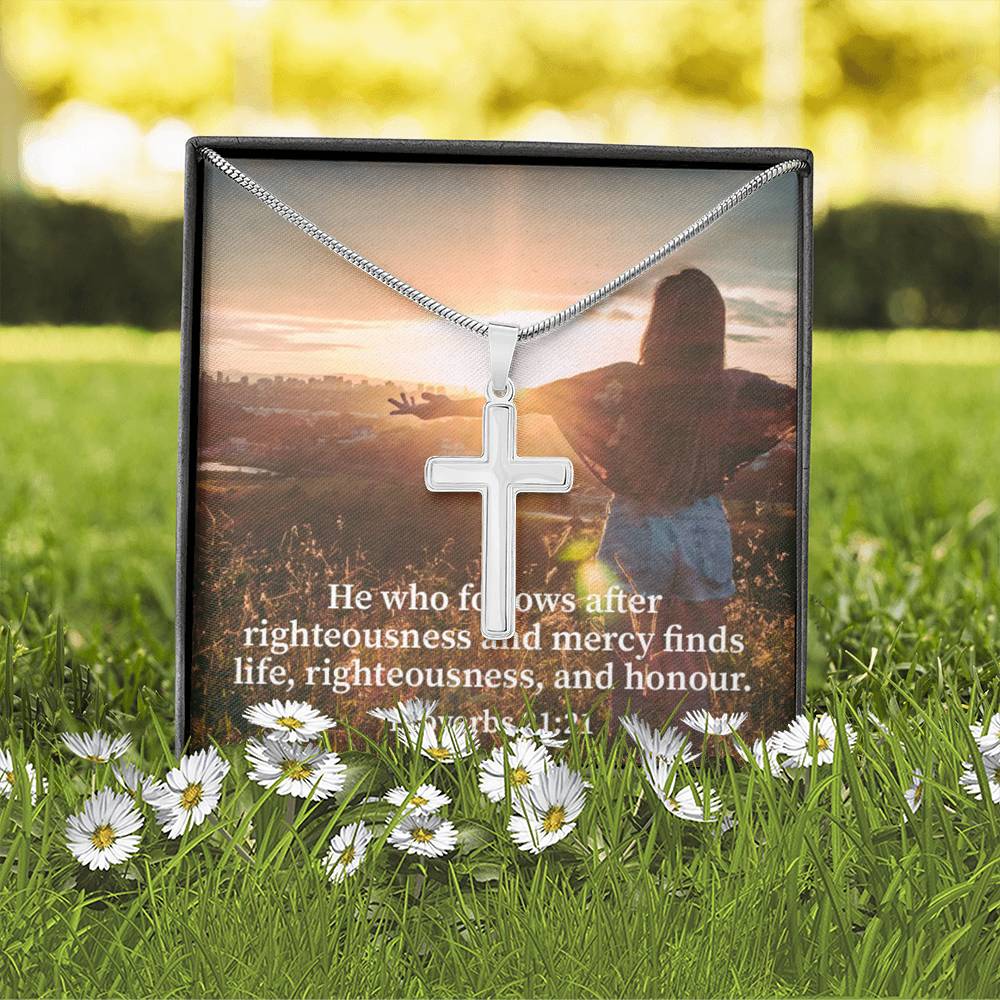 Scripture Card Righteousness And Honour Proverbs 21:21 Cross Card Necklace w Stainless Steel Pendant Religious Gift-Express Your Love Gifts