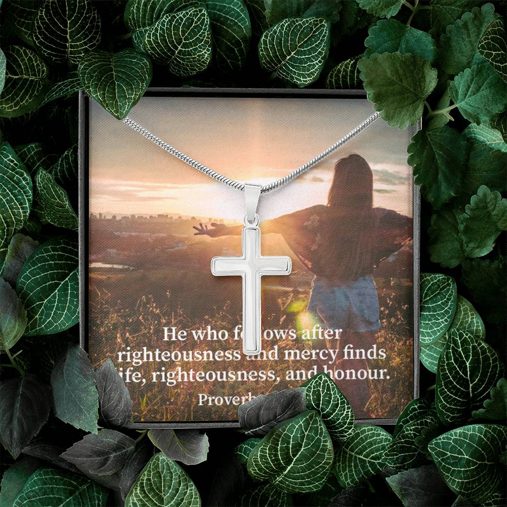 Scripture Card Righteousness And Honour Proverbs 21:21 Cross Card Necklace w Stainless Steel Pendant Religious Gift-Express Your Love Gifts