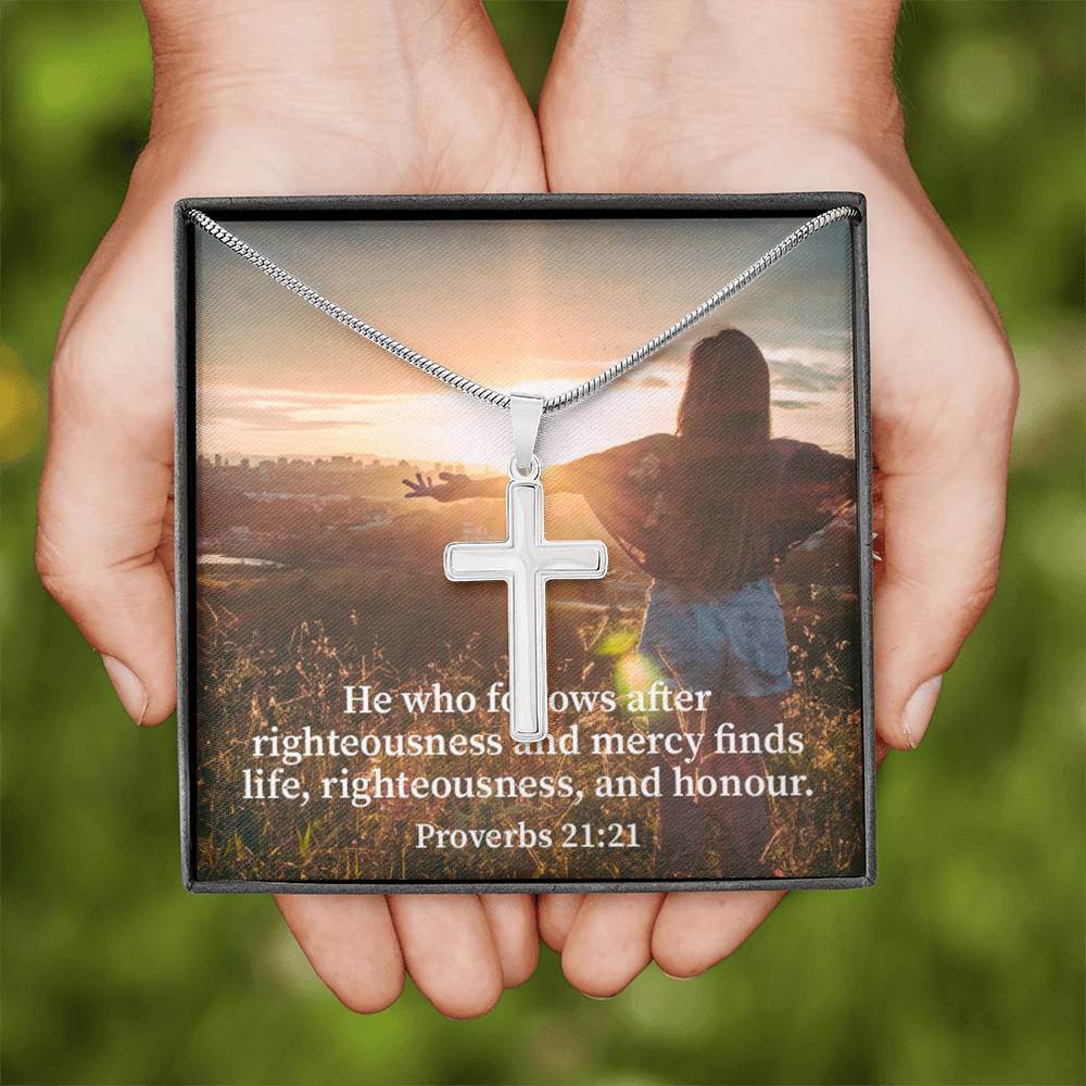 Scripture Card Righteousness And Honour Proverbs 21:21 Cross Card Necklace w Stainless Steel Pendant Religious Gift-Express Your Love Gifts