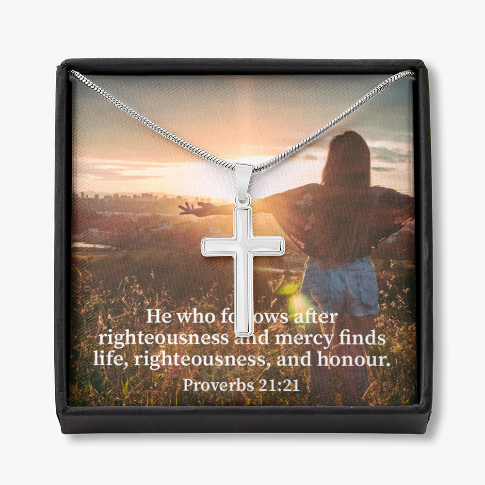 Scripture Card Righteousness And Honour Proverbs 21:21 Cross Card Necklace w Stainless Steel Pendant Religious Gift-Express Your Love Gifts