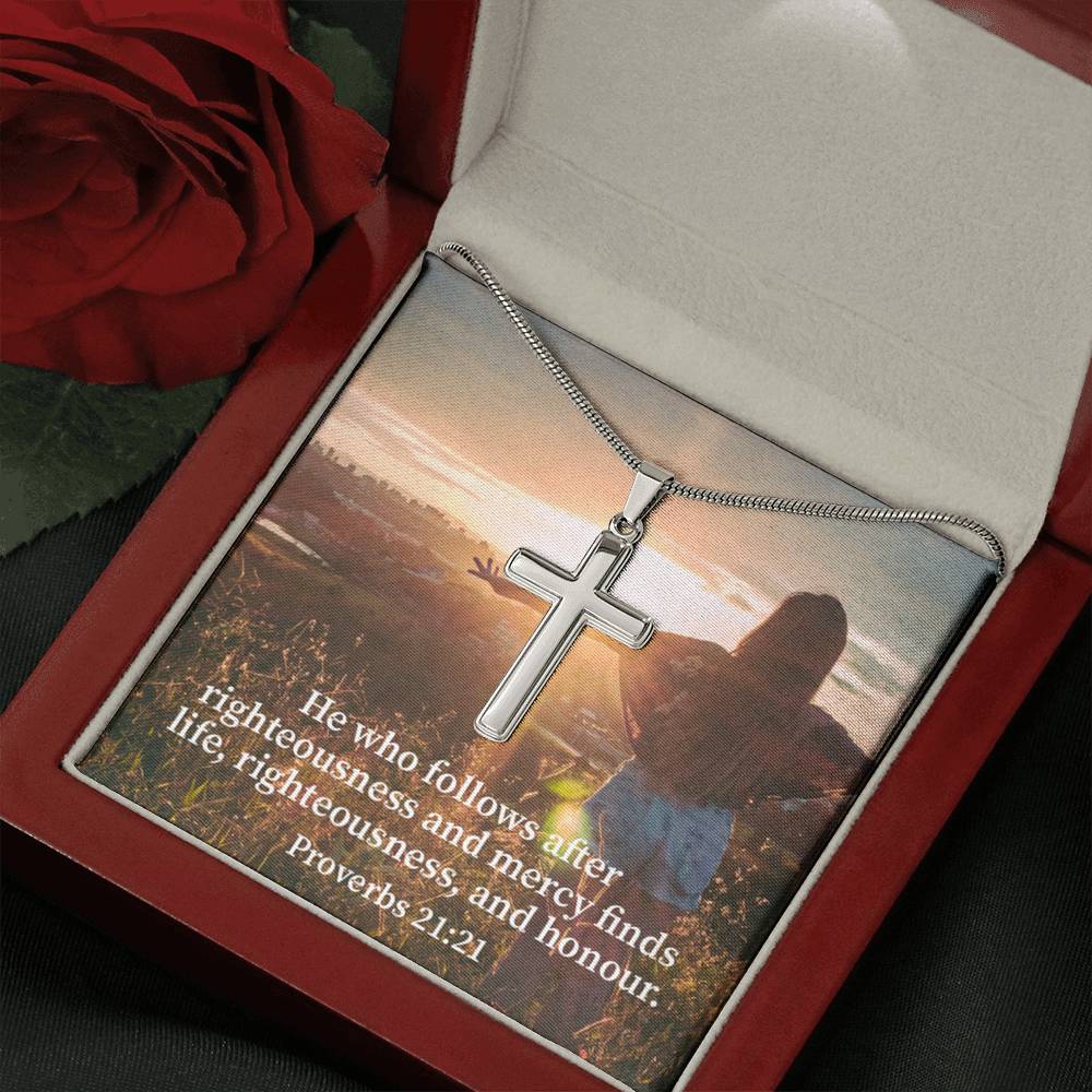 Scripture Card Righteousness And Honour Proverbs 21:21 Cross Card Necklace w Stainless Steel Pendant Religious Gift-Express Your Love Gifts