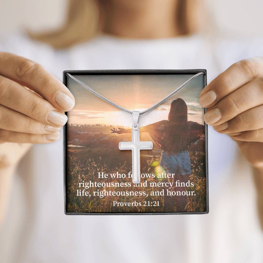 Scripture Card Righteousness And Honour Proverbs 21:21 Cross Card Necklace w Stainless Steel Pendant Religious Gift-Express Your Love Gifts