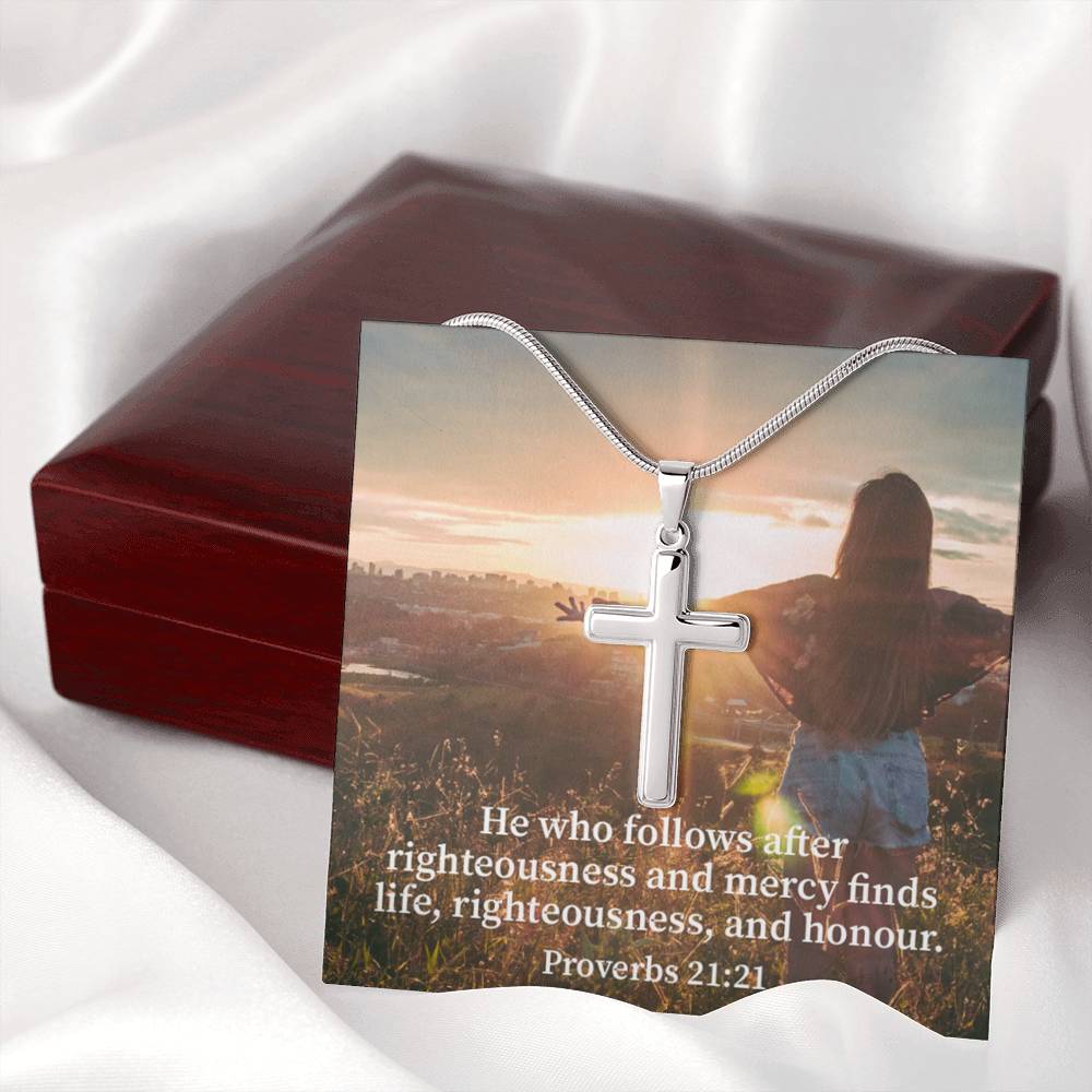 Scripture Card Righteousness And Honour Proverbs 21:21 Cross Card Necklace w Stainless Steel Pendant Religious Gift-Express Your Love Gifts