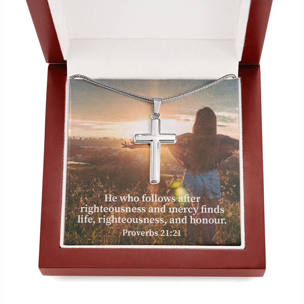 Scripture Card Righteousness And Honour Proverbs 21:21 Cross Card Necklace w Stainless Steel Pendant Religious Gift-Express Your Love Gifts