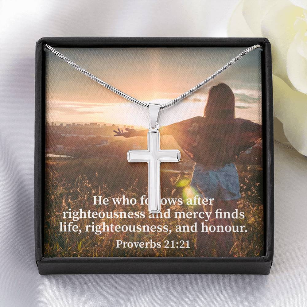 Scripture Card Righteousness And Honour Proverbs 21:21 Cross Card Necklace w Stainless Steel Pendant Religious Gift-Express Your Love Gifts